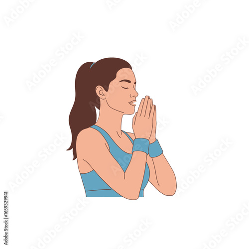 Woman in Blue Sportswear Meditating with Hands Pressed Together for Yoga and Relaxation on White Background