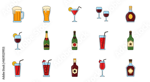Pixel Art Assortment of Alcoholic Beverages in Bottles and Glasses Featuring Beer Cocktail and Wine on a White Background