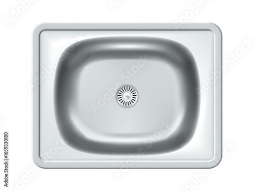 Stainless steel kitchen sink vector design showing a modern, isolated view on a white background for interior and appliance themes