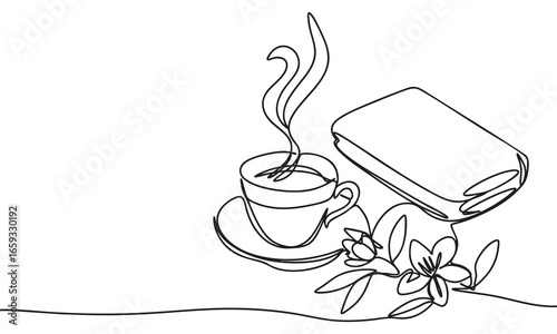 Coffee Cup Book and Flowers A Line Art Still Life