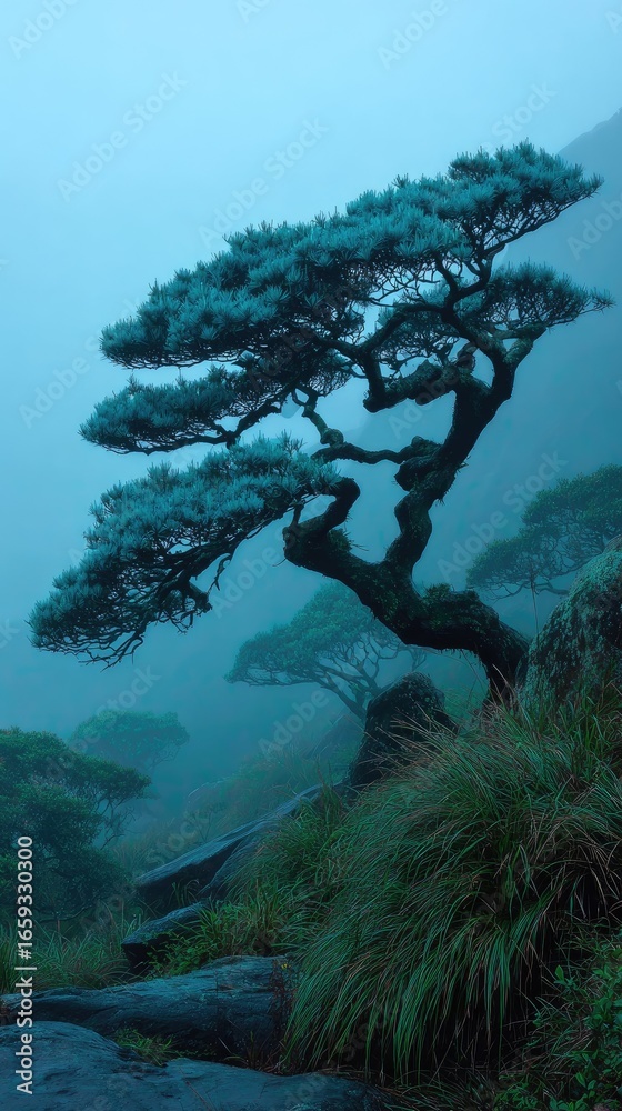 Fototapeta premium Misty mountain scene with a solitary tree