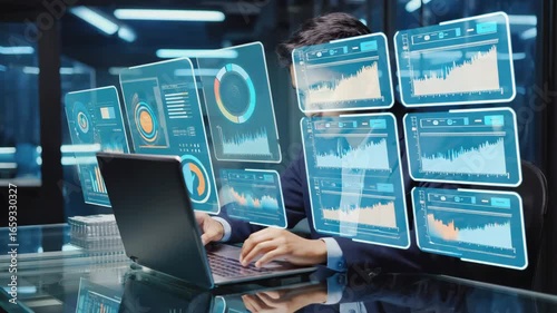A data scientist analyzing statistical business marketing data on laptop