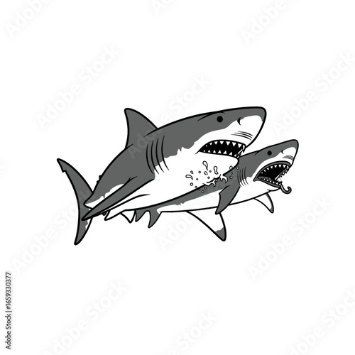 Two Sharks in Gray Scale Swimming Together with Open Mouths and Sharp Teeth on a White Background