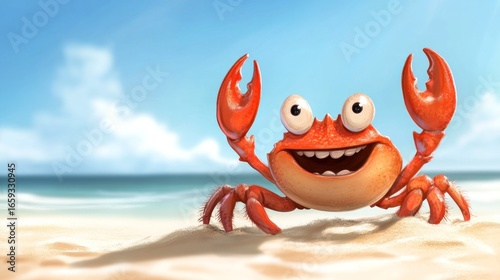 Cute red crab cartoon waving on a sunny beach, playful expression, blue sky and white sand