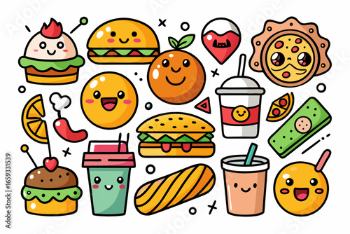 Adorable cartoon food illustrations featuring burgers, pizza, drinks, and more, perfect for playful designs, menus, and social media content, ideal for fun branding
