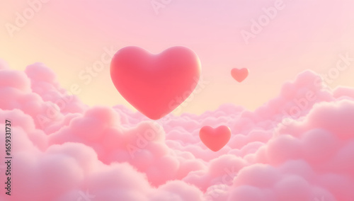 Fototapeta Naklejka Na Ścianę i Meble -  Heart shaped clouds floating in dreamy pink sky