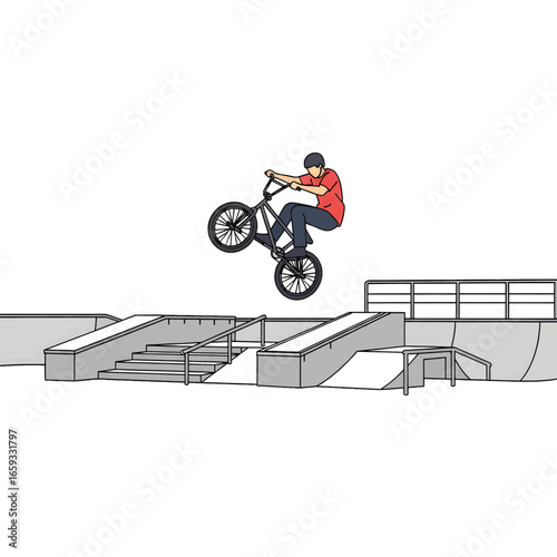 Pixelated Bmx Rider Performing Jump in Skatepark with Gray Ramps Against White Background