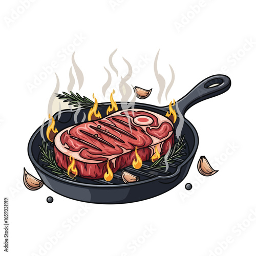 Vector illustration of vector art of grilled steak with steam on a pan