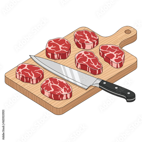 Vector illustration of vector art of raw steak on a wooden cutting board