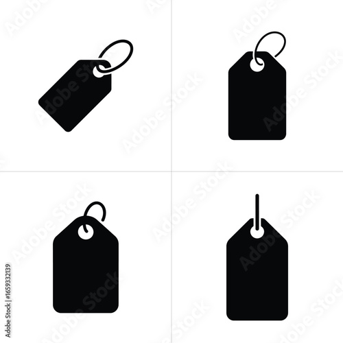 Four Black Price Tags with String and White Background Retail Icon Symbol