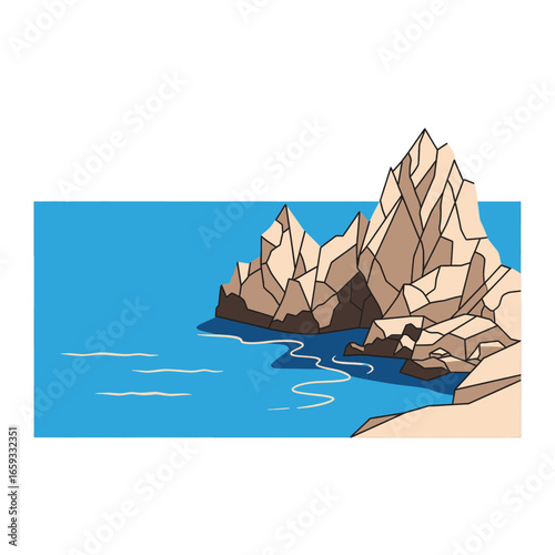 Pixel Art Landscape of Rocky Coastline with Turquoise Ocean and Sunny Sky in Simple Geometric Style