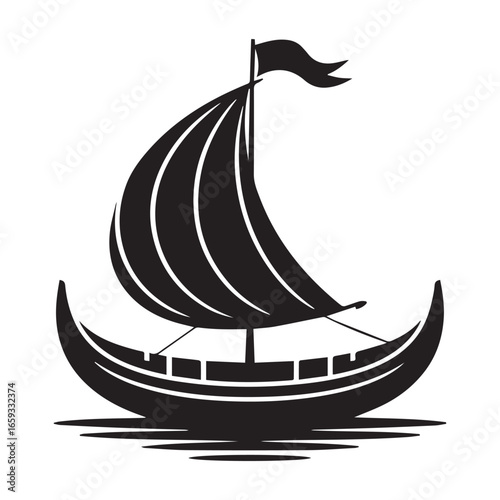 Black silhouette of a viking ship with a tall sail