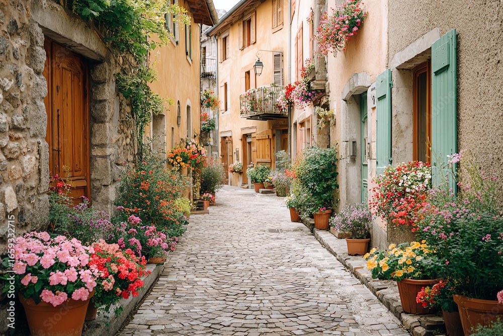 Fototapeta premium tiny European alley filled with colorful flowers