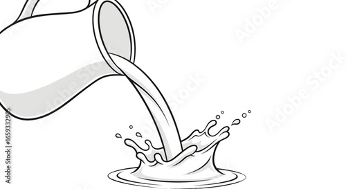 Milk Splashing from White Jug Creating a Crown Shape on a White Background with Detailed Line Art Illustration