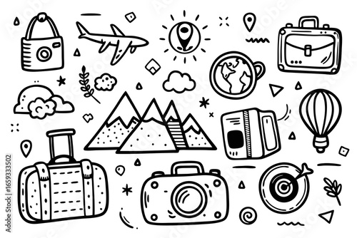 Travel and adventure doodles featuring camera, airplane, mountains, suitcase, and map pin, perfect for inspiring wanderlust and exploration, ideal for blogs and social media