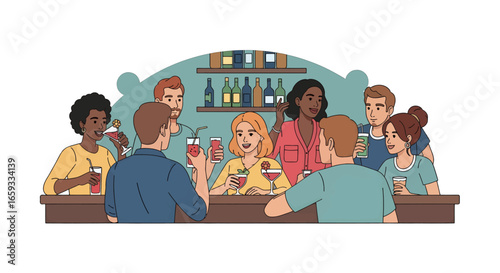 Pixelated Bar Scene with Diverse Group Enjoying Drinks Together at a Wooden Counter Under Soft Lighting and Shelves of Bottles