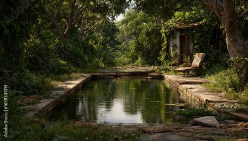 Abandoned pool in overgrown jungle