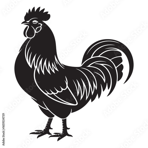 Bold black silhouette of a proud rooster