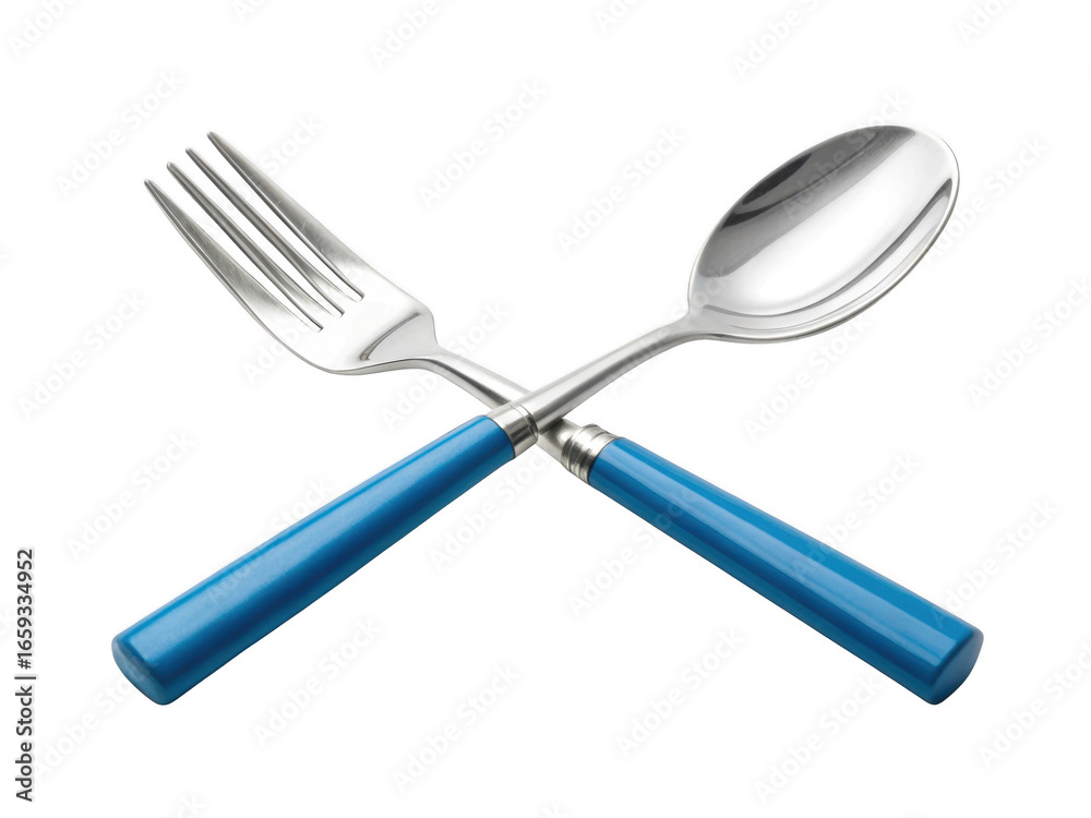 Fototapeta premium Silver fork and spoon with blue handles crossed isolated on transparent background