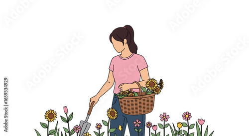 Woman in Pink Shirt Gardening Among Sunflowers and Colorful Flowers with Basket Trowel Illustration on White Background