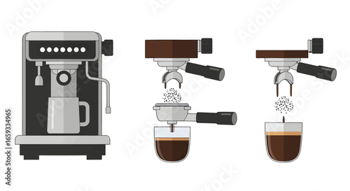 Pixel Art of Espresso Machine Demonstrating Coffee Brewing Process on White Background