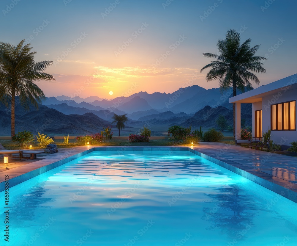 Fototapeta premium Tranquil pool house at sunset