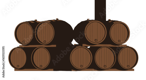 Stacked Brown Wooden Barrels Storing Beverages in Warehouse Setting Rustic and Aged Appearance