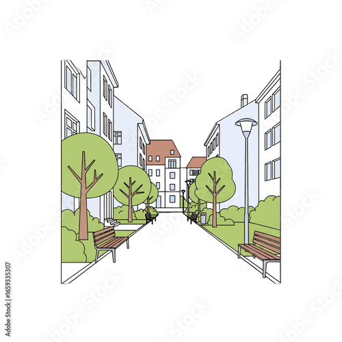 Urban Street Scene with Architecture Trees and Benches on a Sunny Day in Green Brown White and Blue Color Palette Decorative Geometric Illustration