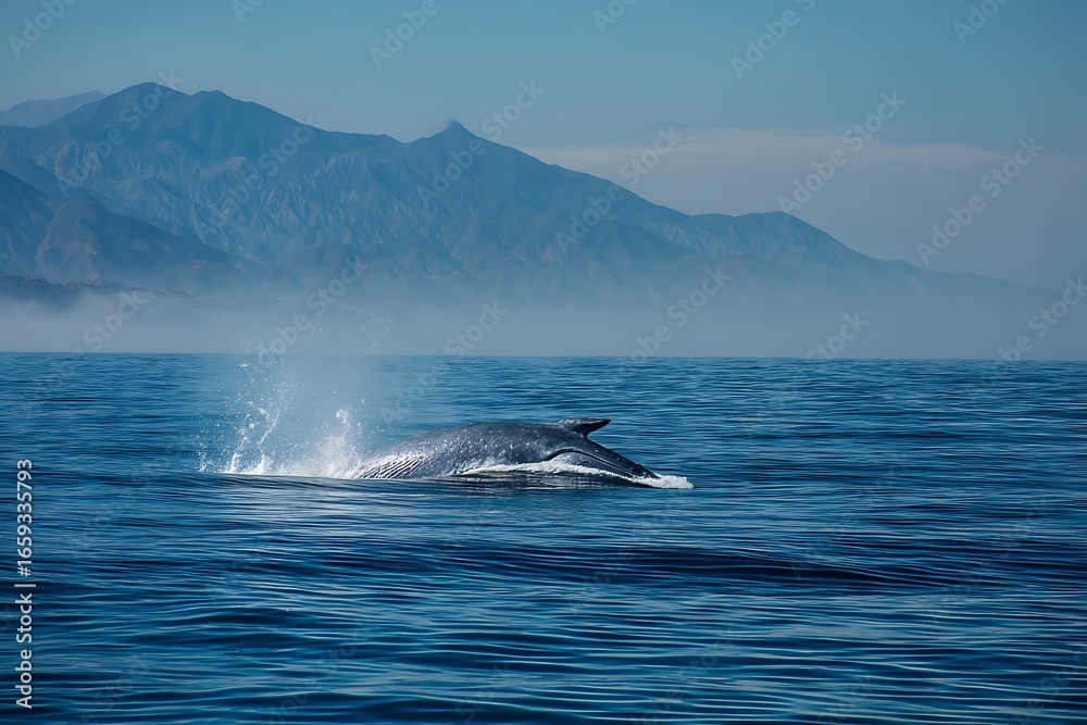 Fototapeta premium Blue whale surfacing in the Pacific Ocean with mountains in the background, a majestic marine mammal in its natural habitat
