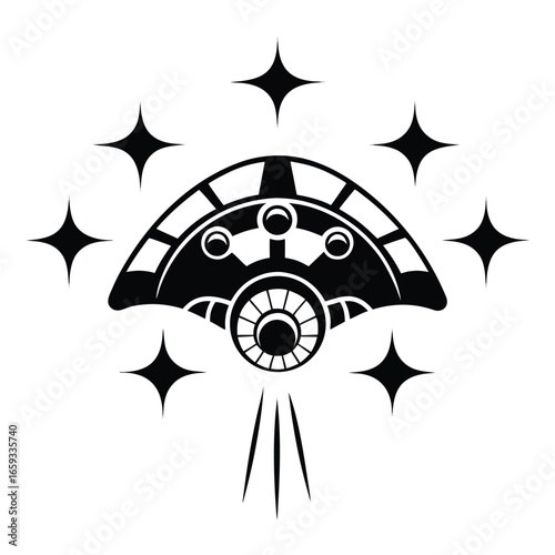 Black Silhouette UFO with Stars Design Isolated on White Background