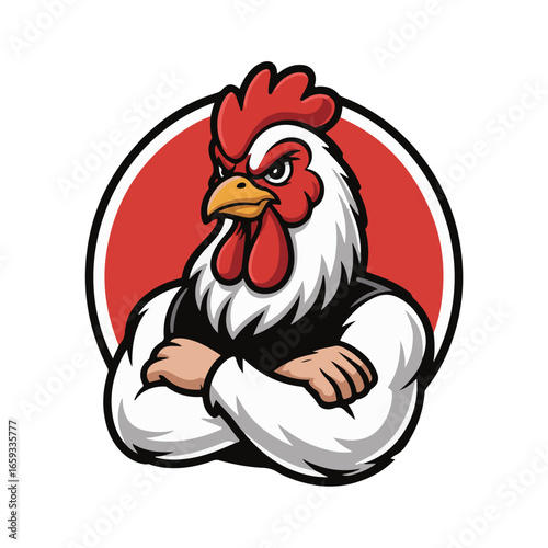 Muscular rooster mascot with crossed arms ready for action