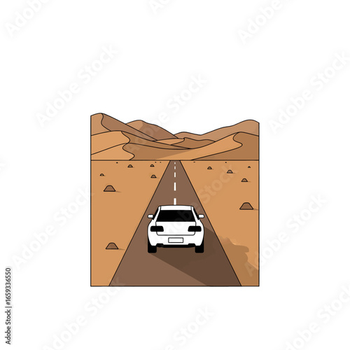 White Car on a Desert Road Pixel Art Graphic Underneath Clear Sky
