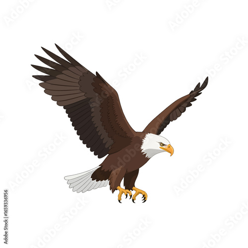 Pixelated Eagle with Brown Plumage and White Head Landing on White Background
