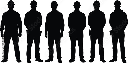 Construction worker silhouette set, male builders wearing safety helmets, standing pose, contractor figure vector, labor workforce icon, black engineering worker illustration for industrial use