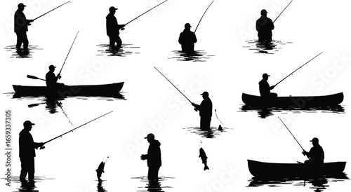 Fisherman silhouette vector set, people fishing in water and boats, catching fish, fishing rod poses, outdoor recreation activity, black fishing icon design
