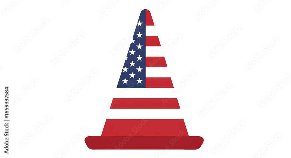 Fototapeta premium American Flag Traffic Cone | Patriotic Construction Safety Symbol for USA Celebrations, Roadwork Awareness, and Event Signage