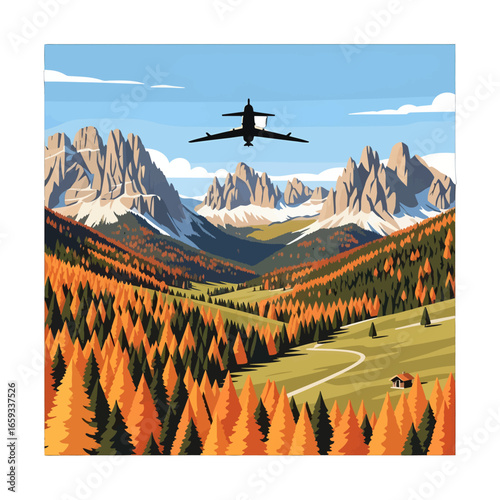 Pixel Art of Aircraft Flying Over Mountain Valley with Autumn Foliage and Winding Trails in a Sunny Sky