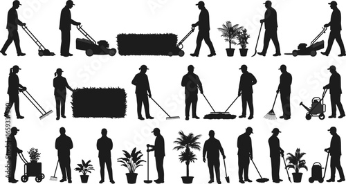 Gardener silhouette vector set, landscaping workers with tools, lawn mowing, hedge trimming, raking leaves, watering plants, garden maintenance, professional outdoor gardening icon illustration