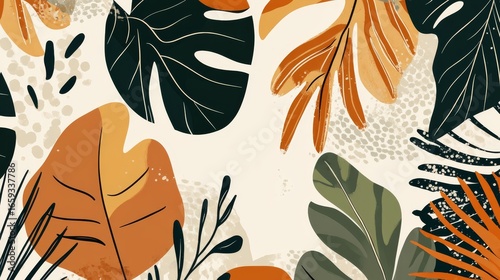 minimalist jungle pattern featuring abstracted botanical shapes, geometric reduction of tropical leaves, warm neutral palette with terracotta and olive accents, playful arrangement of organic forms,