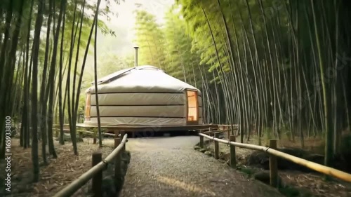 Walking towards a yurt in a bamboo forest a peaceful retreat
