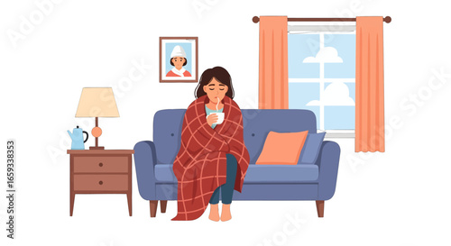 Woman Wrapped in a Red Blanket Sitting on Blue Couch Holding a Mug with a White Interior at Home Next to Window with Teal Teapot on Table