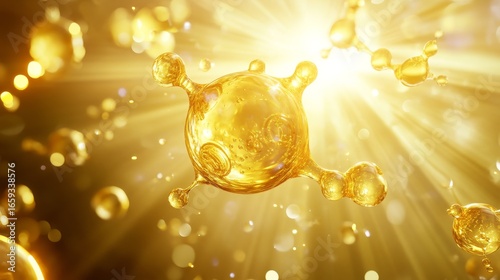 Fototapeta Naklejka Na Ścianę i Meble -  hyper-realistic 3d rendering of complex hyaluronic acid structure drifting in golden serum environment, giant central oil droplet with flawless reflective surface, delicate microscopic bubbles