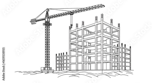 Construction Site Outline Featuring a Building Under Construction with a Large Crane Against a White Background for Architectural Representation
