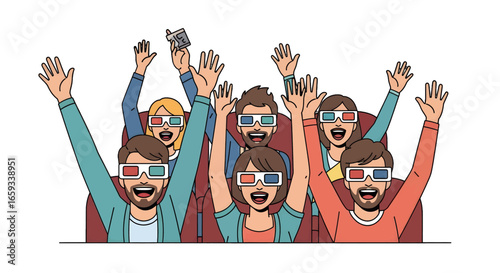 Enthusiastic Group with 3D Glasses Raising Hands in a Pixelated Movie Theater with Red Seats and a White Background