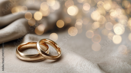 Wedding Planner, wedding rings on satin cloth, soft bokeh lights