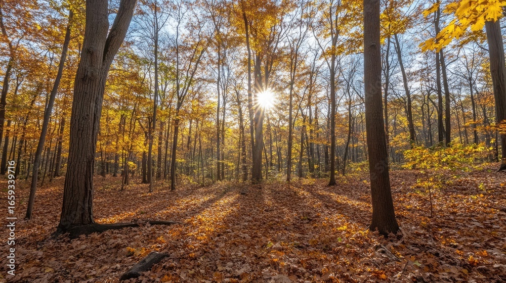 Fototapeta premium Sunburst Through Golden Autumn Forest Canopy with Leaf-Strewn Floor