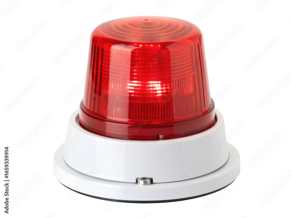 Fototapeta premium Bright red rotating beacon light with white base isolated on transparent background