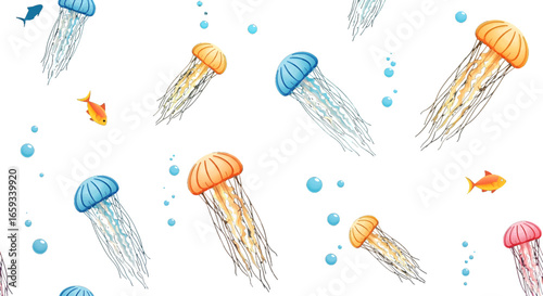 Colorful Jellyfish and Small Fish Pixel Art Seamless Pattern on White Background with Aquatic Theme
