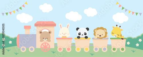 かわいい動物と列車のイラスト　背景
