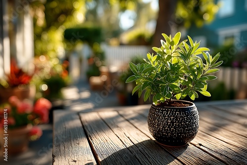 Sunlit patio table with small green plant high resolution image